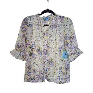 CeCe Women's Floral Ruffled Sleeve Button-up Blouse. Small